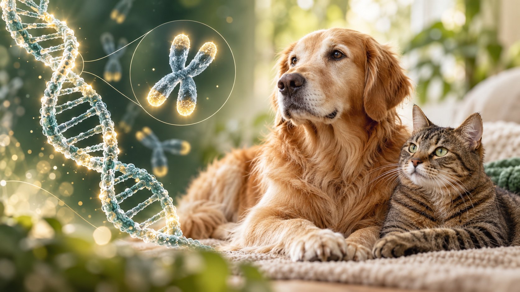 반려동물과 텔로미어의 개념을 표현한 제작 이미지 · 실제 검사나 치료 결과 아님
