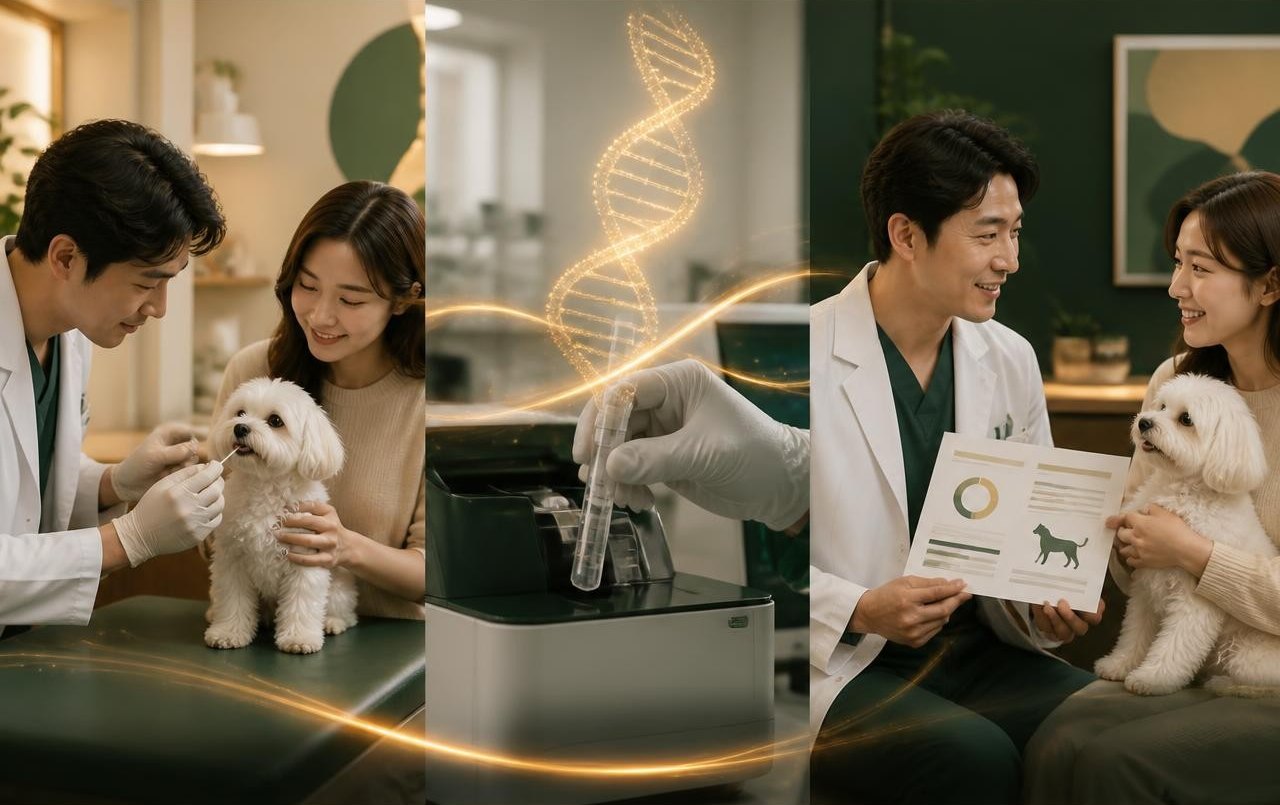 검사 과정을 표현한 연출 이미지: 구강 면봉 채취, 검사기관 분석, 결과 상담